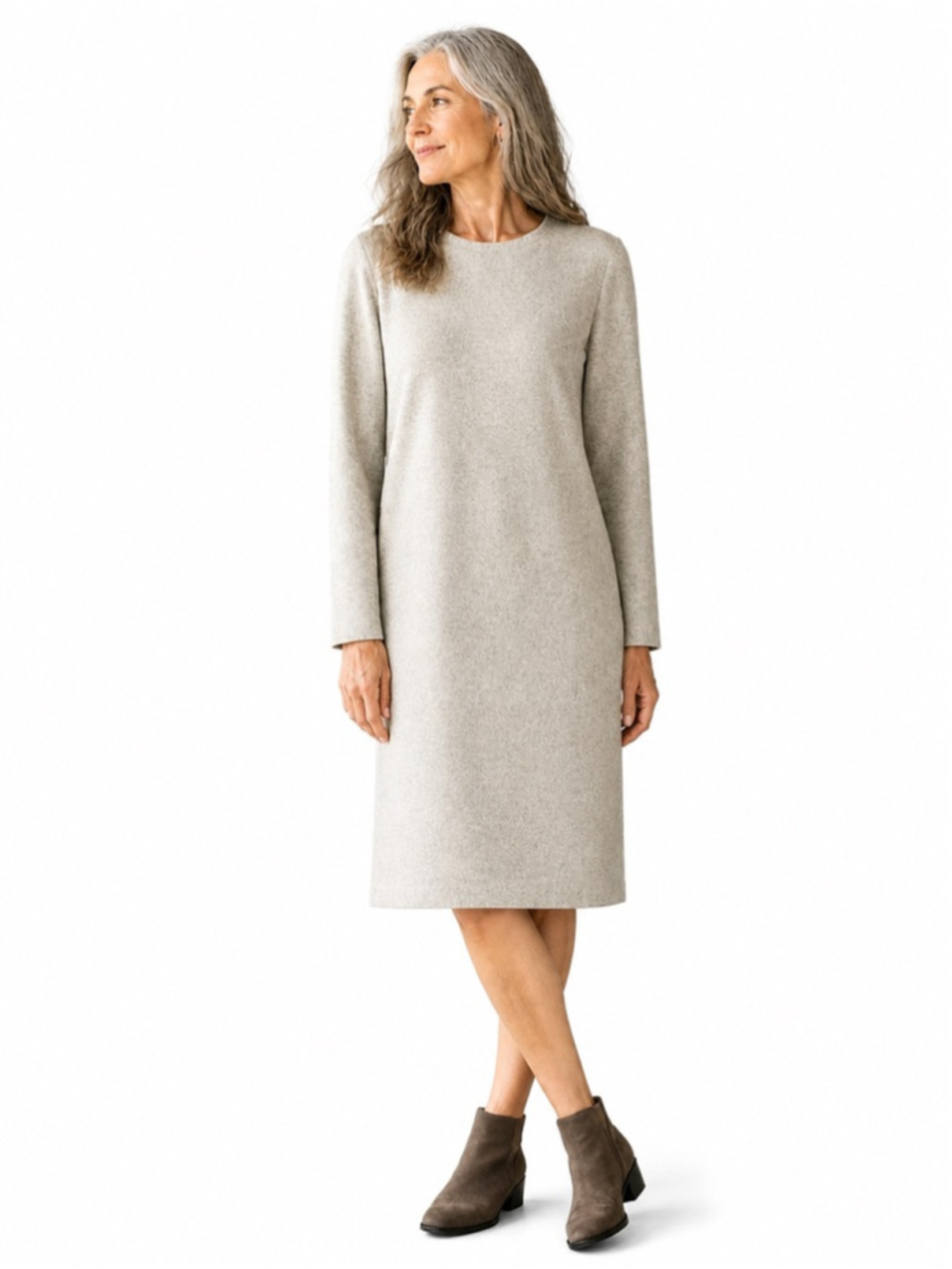 Cameo Oatmeal Knit Shift Dress Minimalist Long Sleeve Neutral Capsule Size M